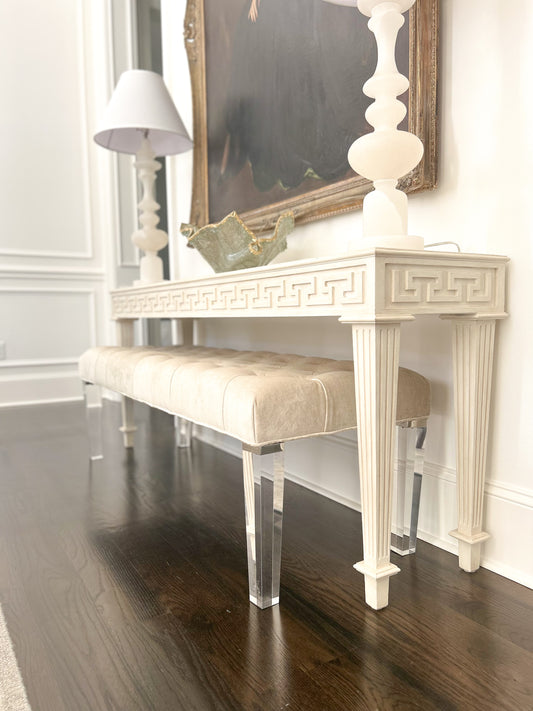 Oyster Velvet Bench with Acrylic Legs