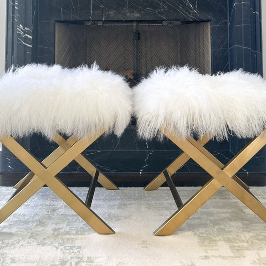 Tibetan Fur & Brass Ottoman