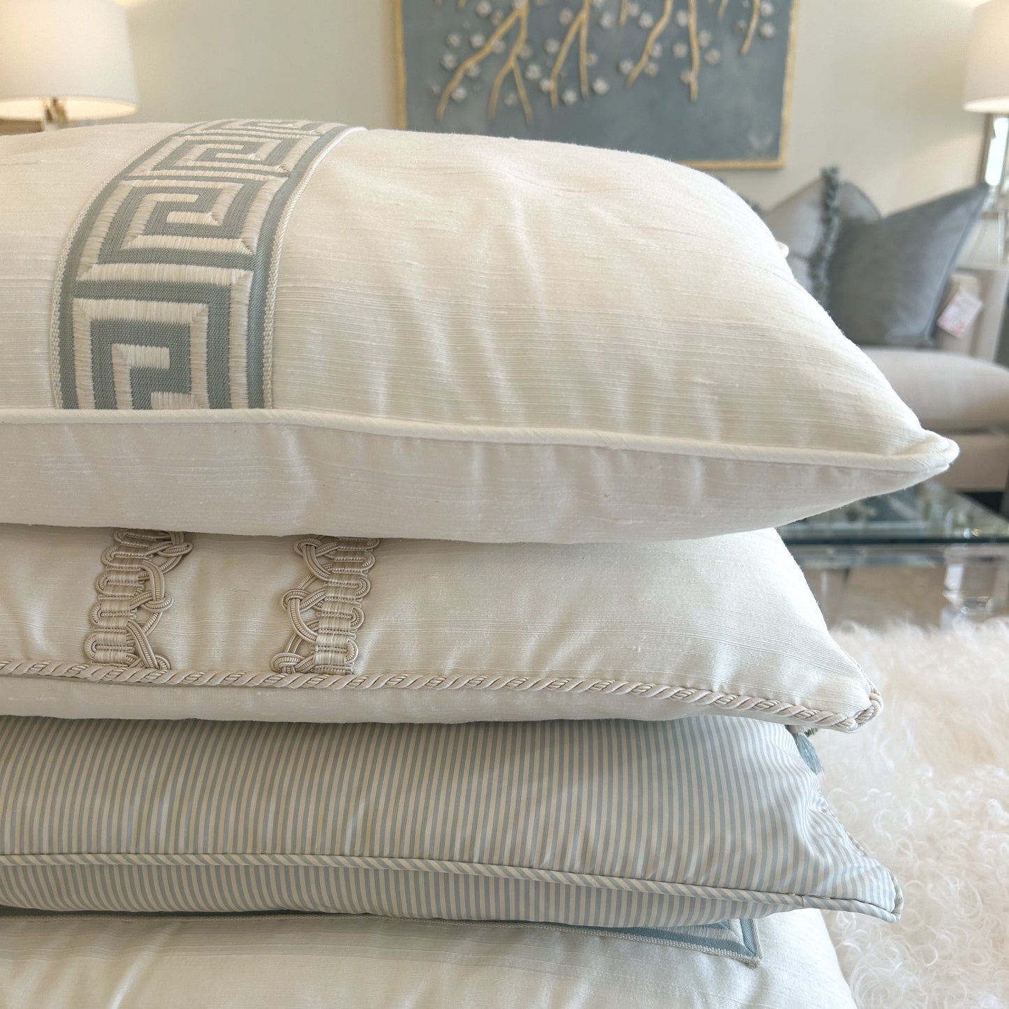 Custom Lux Silk Lumbar with Greek Key Trim