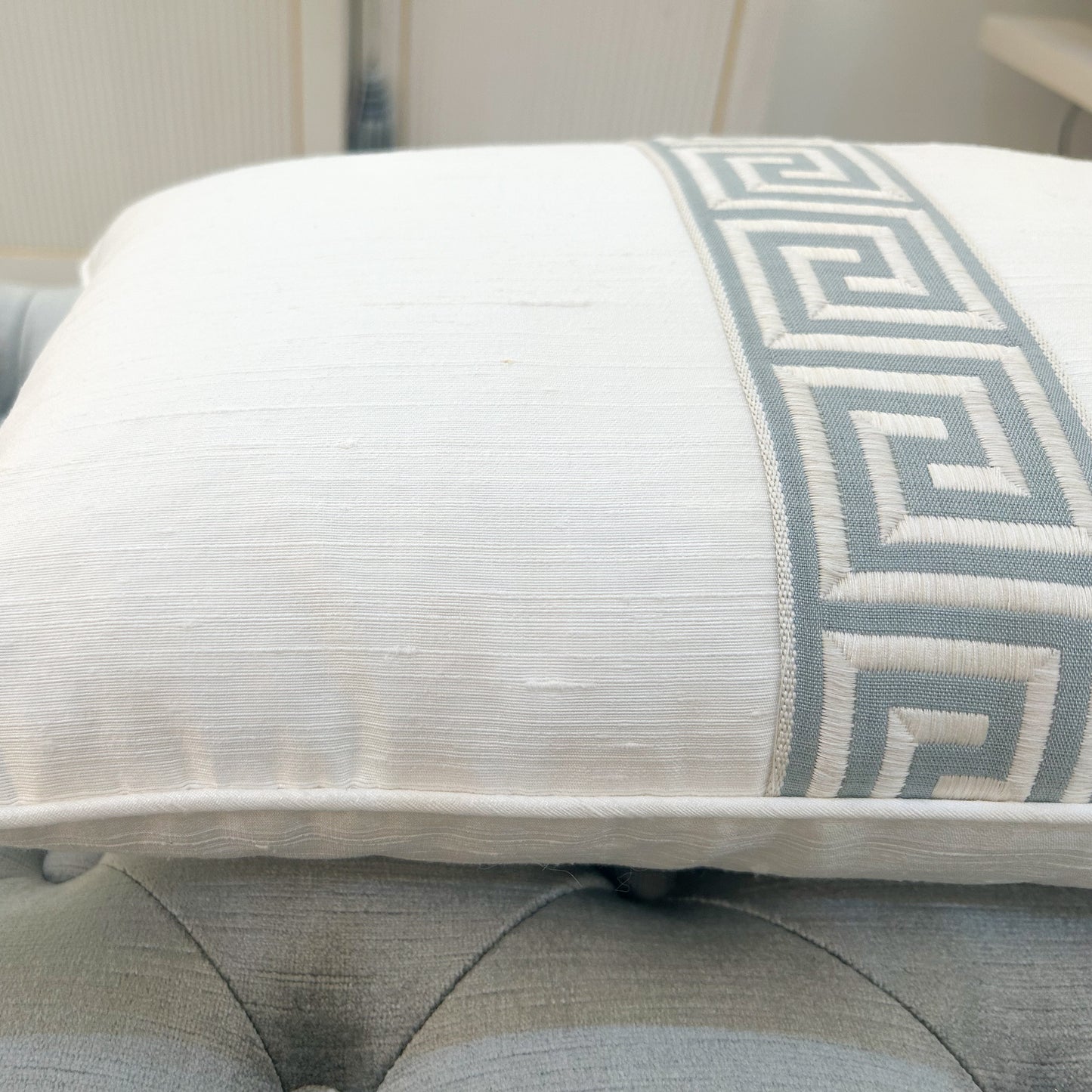 Custom Lux Silk Lumbar with Greek Key Trim