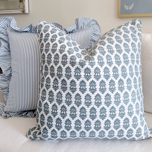 Oyster & Bleu Stripe with Ruffle Pillow