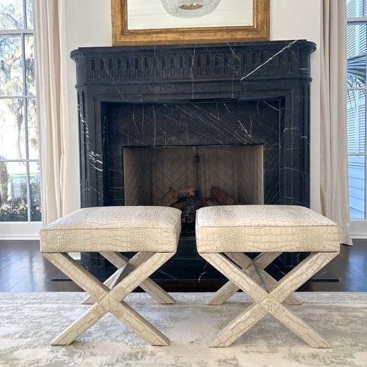 Embossed Croc Leather Ottoman