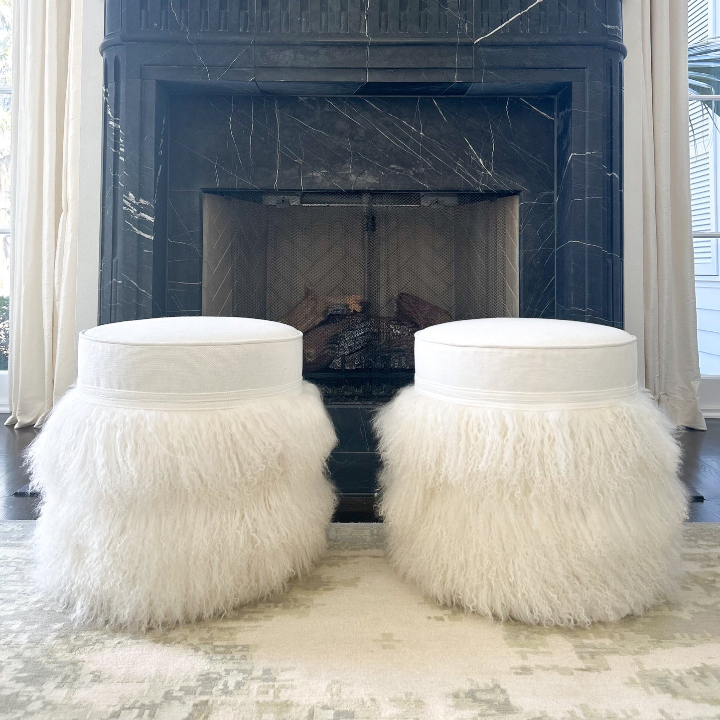 Linen & Fur Round Ottoman