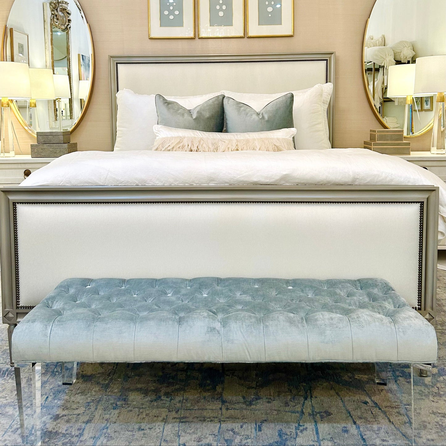Silver Velvet Bench with Acrylic Legs