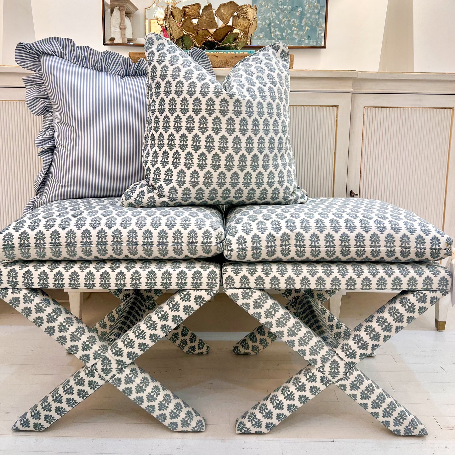 French Bleu Bloom Custom Ottoman
