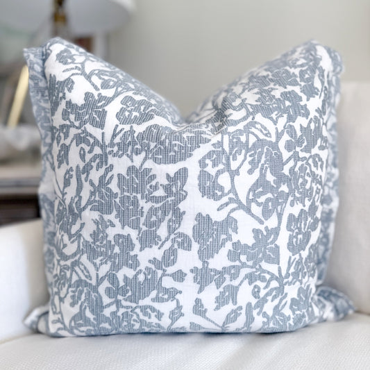French Blue Embroidered Linen Pillow