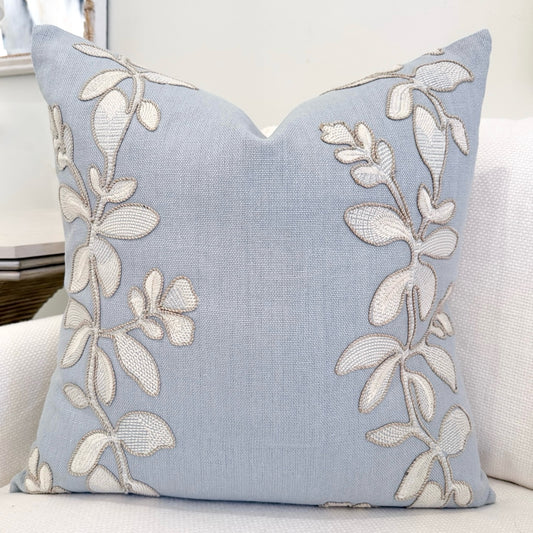 Spa Blue Flower Embroidery Pillow