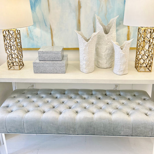 Silver Velvet Bench with Acrylic Legs